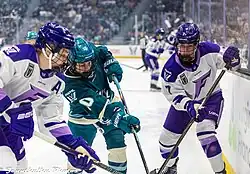 Jenna Buglioni playing ice hockey at Climate Pledge Arena in Seattle
