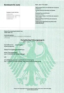 European Certificate of Good Conduct, issued by the German Federal Office of Justice