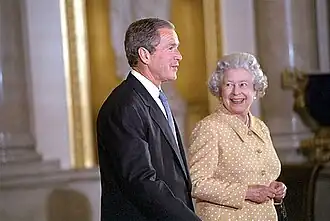 President George W. Bush with Queen Elizabeth II at Buckingham Palace, London, England (2001)