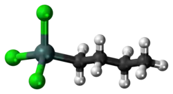 Ball-and-stick model of the butyltin trichloride molecule