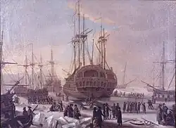 Dansk eskadre udises af Københavns havn før afsejling til Algier, 1770.