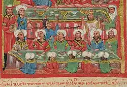Circa 1204 and 1453, Byzantine Empire. Arched harp and other instruments played at a banquet (illustrating scene from the life of Alexander the Great).