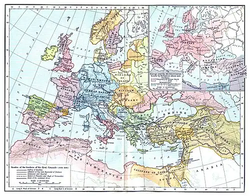 Map depicting about twenty European states, and the lands of the neighbouring pagan peoples and Muslim powers