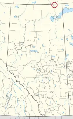A map of the province of Alberta showing 80 counties and 145 small Indian reserves. One is highlighted with a red circle.