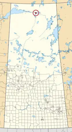 A map of the province of Saskatchewan showing 297 rural municipalities and hundreds of small Indian reserves. One is highlighted with a red circle.