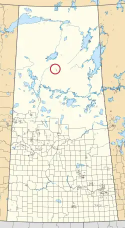 A map of the province of Saskatchewan showing 297 rural municipalities and hundreds of small Indian reserves. One is highlighted with a red circle.
