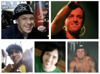 The original band lineup. Left to right: Chorão, Champignon, Thiago Castanho, Marcão Britto and Renato Pelado.