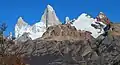 L→R:Aguja Poincenot, Fitz Roy, Cerro Eléctrico NE