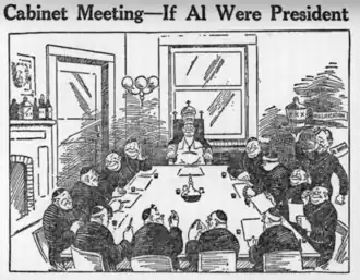 A political cartoon captioned "Cabinet Meeting—If Al Were President", depicting the Pope presiding over a Catholic U.S. Cabinet meeting, and Al Smith as a servant to the Pope