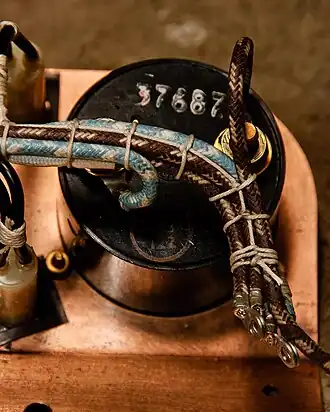 Traditional waxed cord lacing made with a series of running lockstitches based on the figure-eight knot