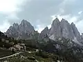 Cima Cadin della Neve (left) from southeast, with Rifugio Città di Carpi