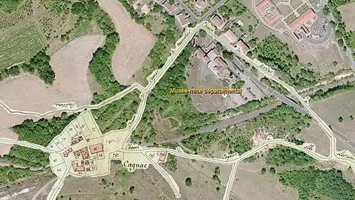 Aerial view of the Mining Museum and cadastral map of old Cagnac.