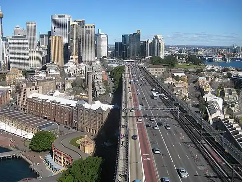 Southern approach of the Sydney Harbour Bridge with Dawes Point to the right. 2008