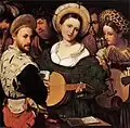 Two women and a man wearing a balzo, showing the differences in style
