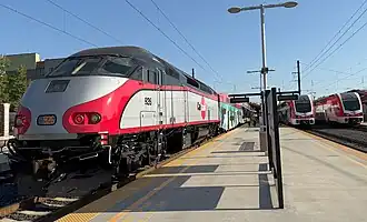 Caltrain South County Connector diesel train and Stadler KISS at San Jose Diridon