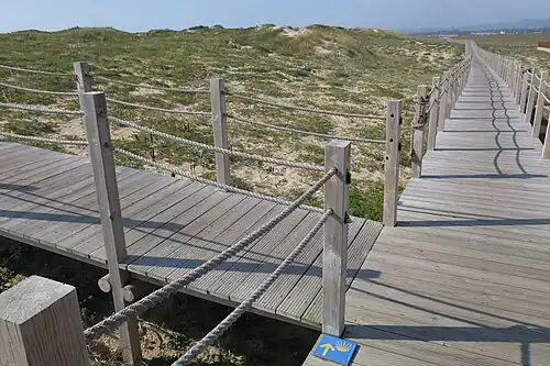 A marking in a boardwalk of the Portuguese coastal way