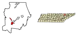 Location of Caryville in Campbell County, Tennessee.