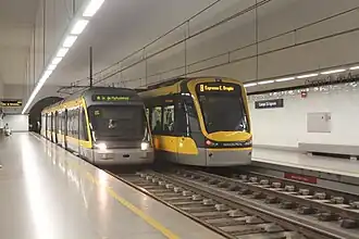 Station with Eurotram (left) and Flexity Swift (right) trams