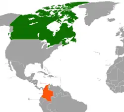 Map indicating locations of Canada and Colombia