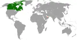 Map indicating locations of Canada and United Arab Emirates