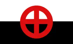 The "ensign" of the Canadian Nationalist Party, in practice its second party flag. It is a white (top) and black (bottom) bicolour charged with a red cross within a red circle in the centre.