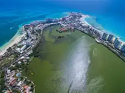 Caribbean Sea (top) and Nichupté Lagoon, bisected by the Hotel Zone