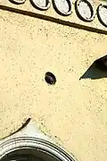 Cannonball in the wall of Saint Nicholas the Wonderworker Church, probably fired 5 August 1855 during the destruction of the battery in the grounds of the church.