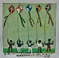 Painting of people with kites