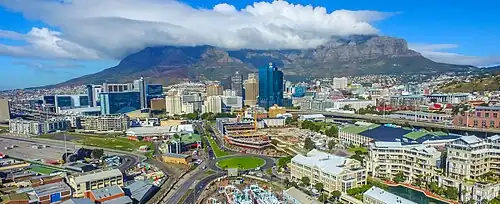 Cape Town CBD in the background, with the blue Portside Tower in the center - the city's tallest building