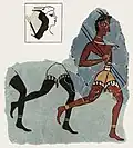 Restored painting: a man with lighter skin, carrying spears, jogs in front of two dark-skinned figures, mostly lost.