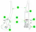 The Capture Latch is a rotating four-bar linkage. Attached to the chassis (1), an actuator (not shown) applies torque to the drive axle (2), rotating the drive arm (3). The arm pushes the "dogleg assembly" (4) around, which torques the outer clevis of the Capture Arm (5). The Capture Arm rotates about the end of the Follower linkage (6), the other end of which rotates about the axle. When deployed, the latch trips a switch (not shown). When fully closed it is locked by a hook (7) passing through the hole (8) in the Capture Arm.[6][115]