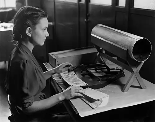 Image 12 Keypunch Picture: Unknown; restoration: Mmxx A woman using a Hollerith pantograph, a machine developed by Herman Hollerith for the punching of cards, providing data which could then be processed. Such tools were used in the 1890 United States census, the first time the country's census was tabulated by machine. More selected pictures