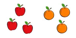 Left: A group of three apples. Right: A group of three oranges.