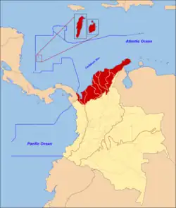 The Caribbean region detailed in dark red with territorial waters