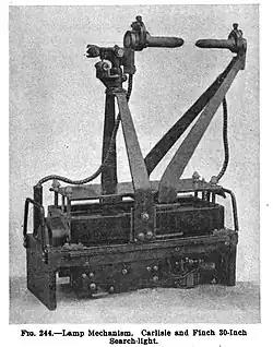 Photograph of the internal parts of a searchlight. Metal brackets hold two carbon rods pointing at each other with a small gap between them. There are wires running to each rod. The brackets are mounted on a complicated mechanism, the details of which are not discernable in this photo.