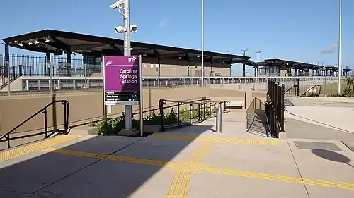 Southbound view of the station forecourt, concourse, entrance and platform