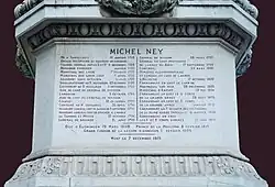 Summary of the career of Marshal Ney on the pedestal supporting by François Rude's statue of Ney in Dijon