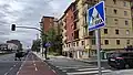 Spanish road sign for cyclists and pedestrians crossing in the same space