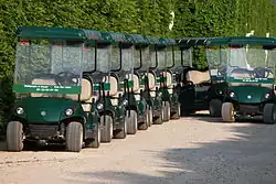 Small two-seater four-wheeled open-sided vehicle with a canopy and steering wheel with a bag of golf clubs mounted to the back.