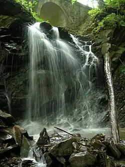Cascade on the Frasin creek, on the left side of the Tarcău River valley