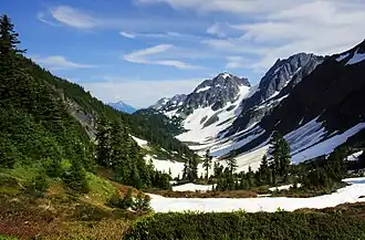 Pelton Peak and Pelton Basin from Cascade Pass in summer