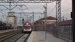 Cercanías Zaragoza train (Civia) arriving in Casetas train station on the dedicated platform