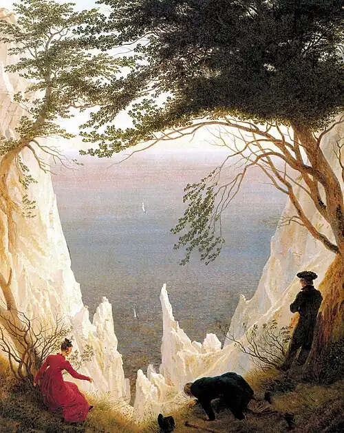 Friedrich, Chalk Cliffs on Rügen, (1818). Friedrich married Christiane Caroline Bommer in 1818, and on their honeymoon they visited relatives in Neubrandenburg and Greifswald. This painting celebrates the couple's union.[147]