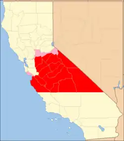 Map of counties that heavily overlap Central California in red, less accepted counties in pink