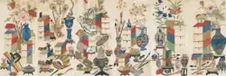 Six-panel chaekgori folding screen, late 1800s.