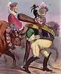 Watercolor cartoon Le Sauvage moderne, for the Boeuf Gras procession of 1855, by Cham.