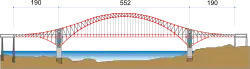 Side view diagram of the bridge with lengths in meters