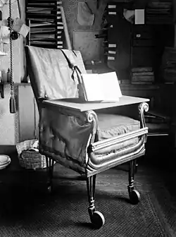 Charles Darwin's original bespoke, wheeled adaption of a William IV style Bergère armchair, Down House, Kent (c. 1835)[8][21]