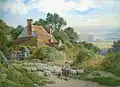 Charles James Adams - Droving sheep down country lane. Watercolour.