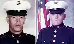 A picture of Charles McMahon on the left, and a picture of Darwin Judge on the right, the last two American soldiers killed in Vietnam during the Vietnam War.